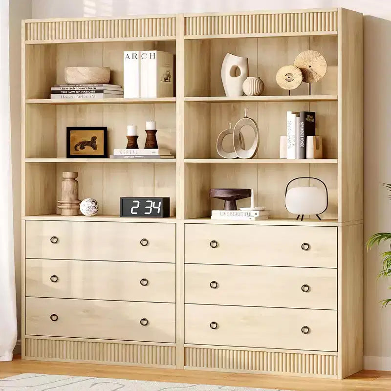 Libreria a 6 ripiani scanalati con 3 cassetti, design a pannelli ondulati – 180 cm (A) x 76 cm (L) x 35,5 cm (P), Legno di frassino