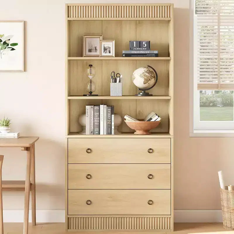 Libreria a 6 ripiani scanalati con 3 cassetti, design a pannelli ondulati – 180 cm (A) x 76 cm (L) x 35,5 cm (P), Legno di frassino