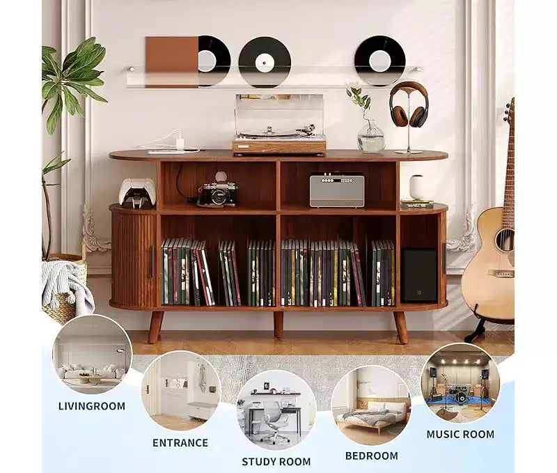 Mobile Portadischi scanalato di metà secolo con porta vinili, 6 cassetti, 2 ante – 140 cm L x 40 cm P x 76,5 cm H, Legno di noce