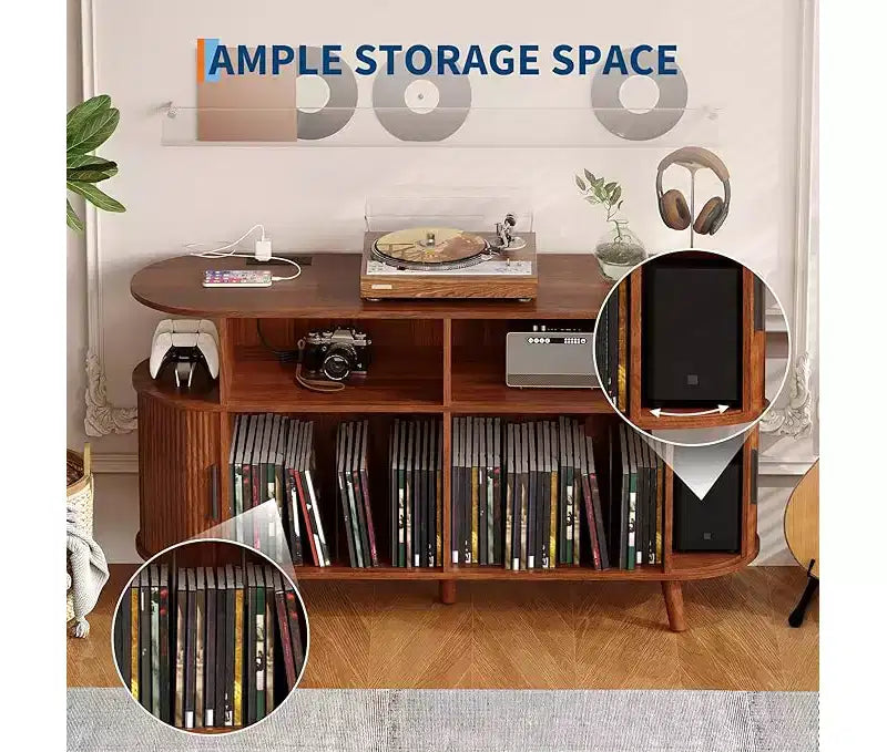 Mobile Portadischi scanalato di metà secolo con porta vinili, 6 cassetti, 2 ante – 140 cm L x 40 cm P x 76,5 cm H, Legno di noce