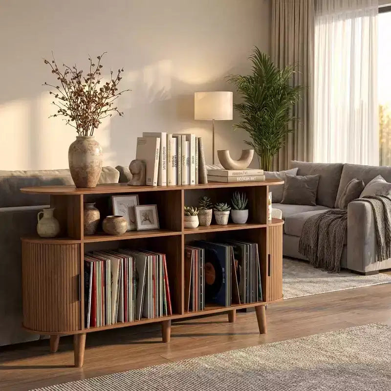 Mobile Portadischi scanalato di metà secolo con porta vinili, 6 cassetti, 2 ante – 140 cm L x 40 cm P x 76,5 cm H, Legno di noce