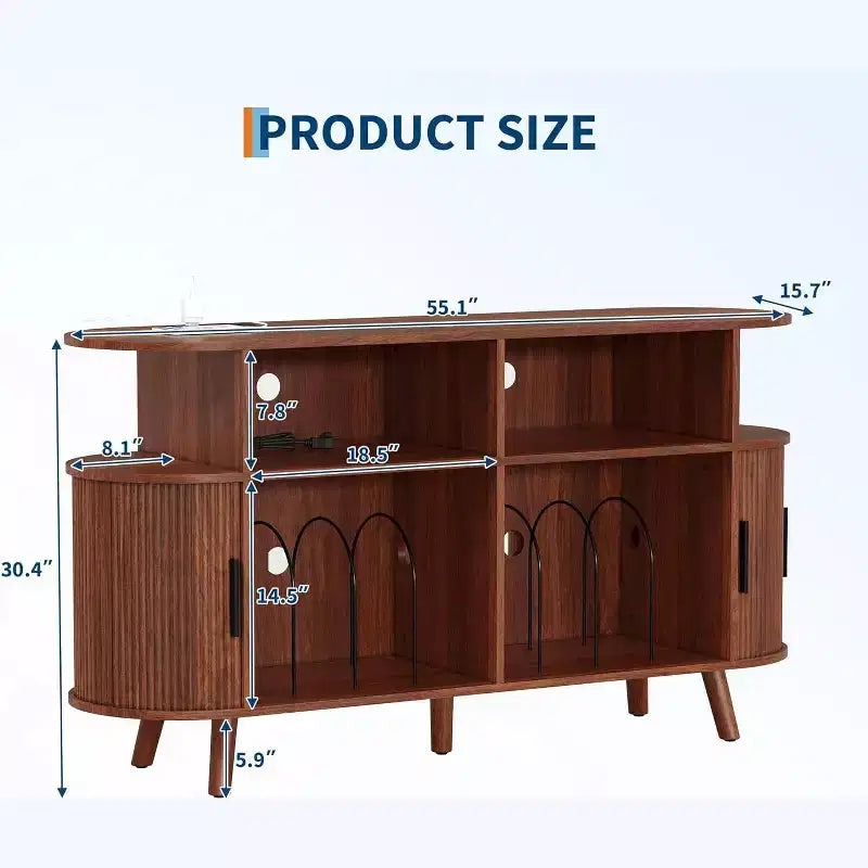 Mobile Portadischi scanalato di metà secolo con porta vinili, 6 cassetti, 2 ante – 140 cm L x 40 cm P x 76,5 cm H, Legno di noce