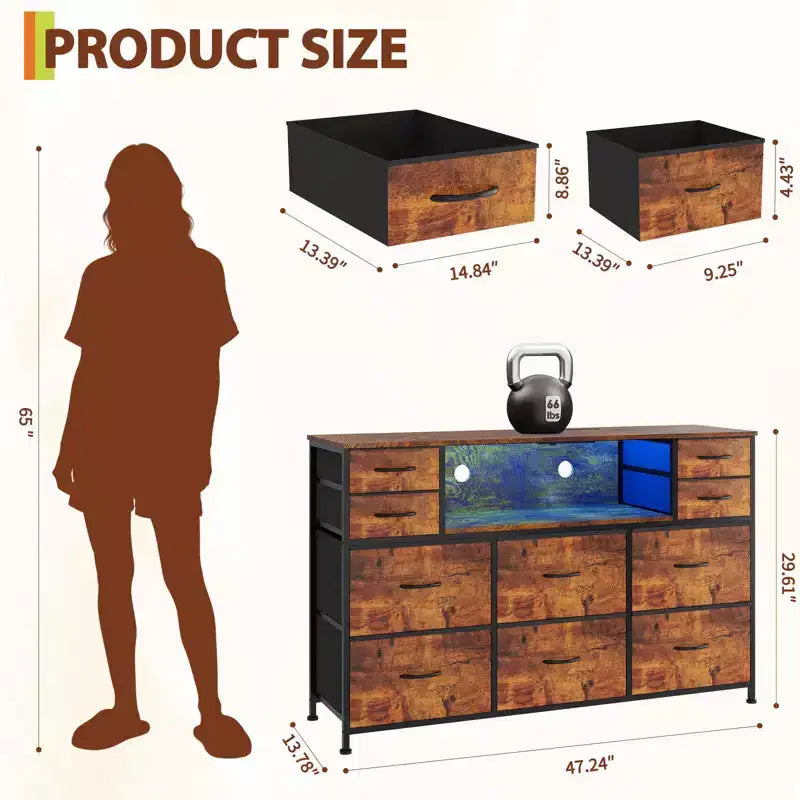 Cassettiera a 10 cassetti con contenitori in tessuto, presa di corrente, marrone – Contenitore per vestiti per camera da letto e soggiorno