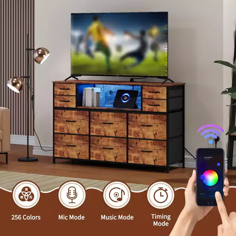 Cassettiera a 10 cassetti con contenitori in tessuto, presa di corrente, marrone – Contenitore per vestiti per camera da letto e soggiorno