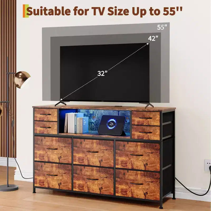 Cassettiera a 10 cassetti con contenitori in tessuto, presa di corrente, marrone – Contenitore per vestiti per camera da letto e soggiorno
