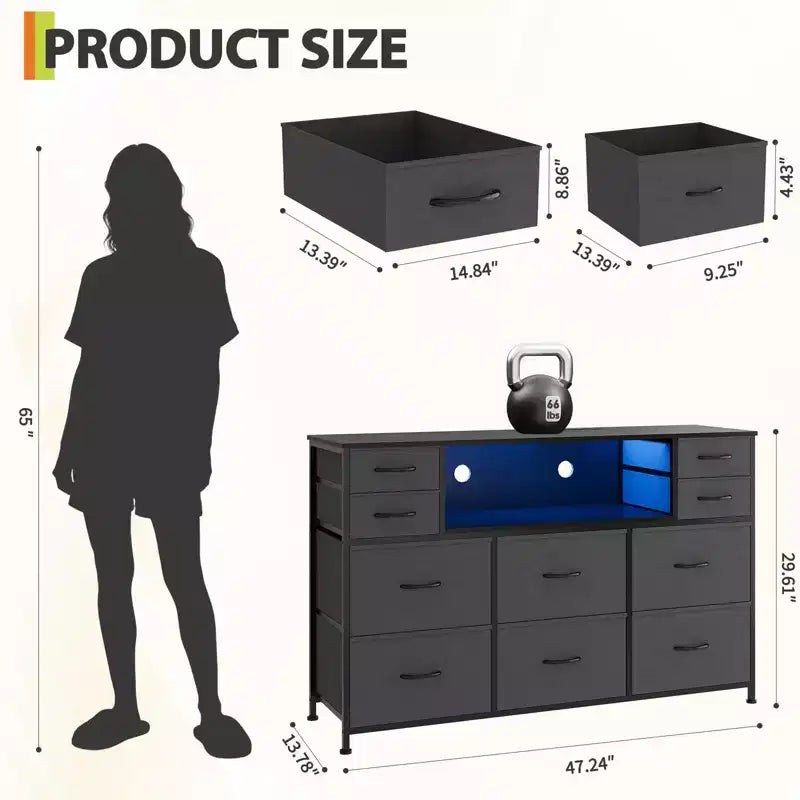 Cassettiera a 10 cassetti con contenitori in tessuto, presa di corrente, marrone – Contenitore per vestiti per camera da letto e soggiorno