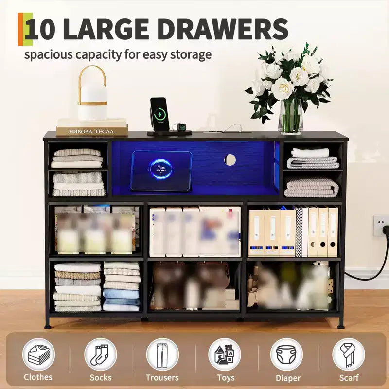 Cassettiera a 10 cassetti con contenitori in tessuto, presa di corrente, marrone – Contenitore per vestiti per camera da letto e soggiorno