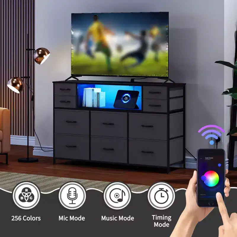 Cassettiera a 10 cassetti con contenitori in tessuto, presa di corrente, marrone – Contenitore per vestiti per camera da letto e soggiorno