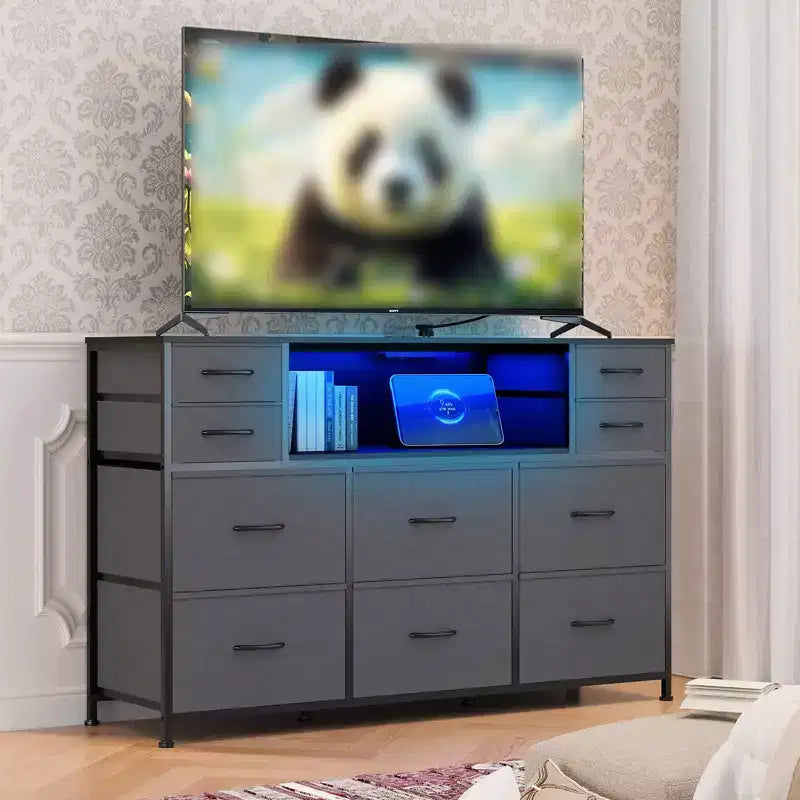 Cassettiera a 10 cassetti con contenitori in tessuto, presa di corrente, marrone – Contenitore per vestiti per camera da letto e soggiorno