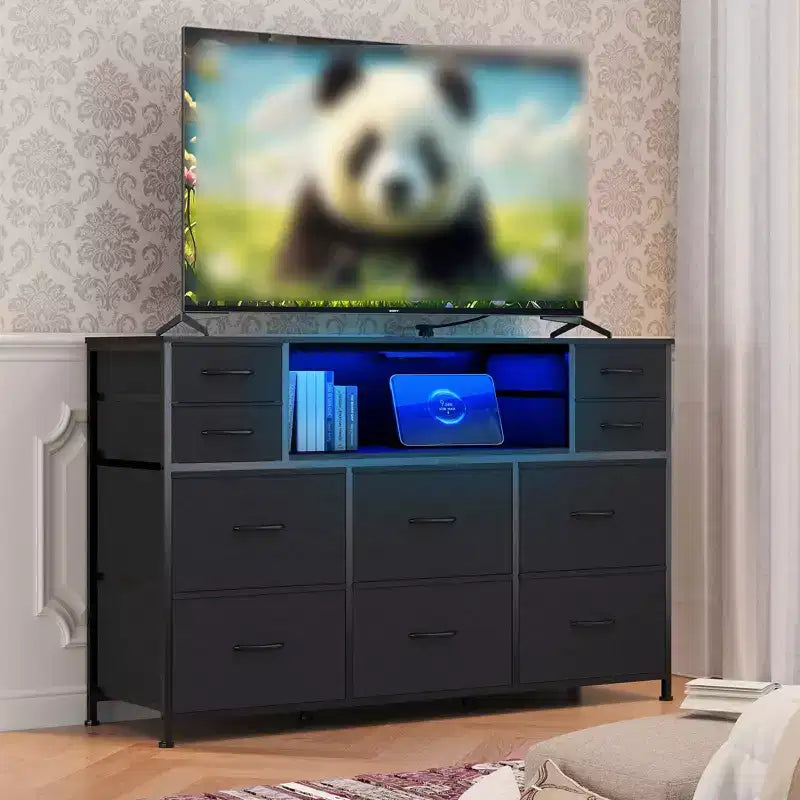 Cassettiera a 10 cassetti con contenitori in tessuto, presa di corrente, marrone – Contenitore per vestiti per camera da letto e soggiorno