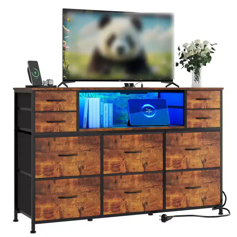 Cassettiera a 10 cassetti con contenitori in tessuto, presa di corrente, marrone – Contenitore per vestiti per camera da letto e soggiorno
