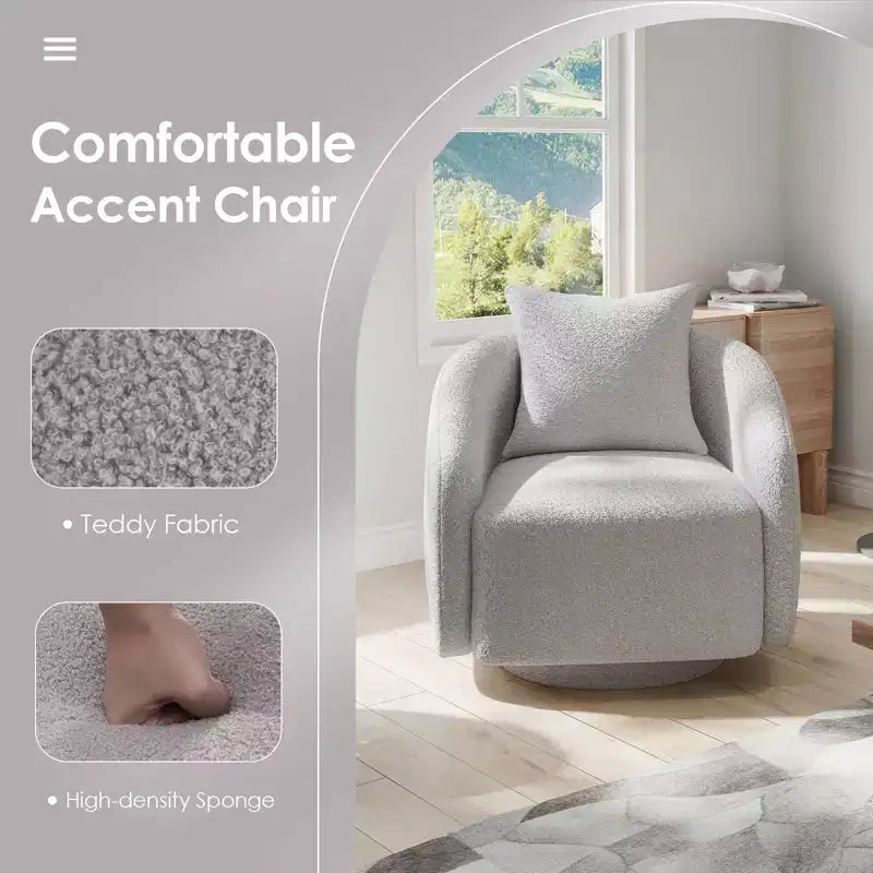 Poltrona girevole a barilotto, rotazione a 360°, struttura in legno massello, rivestimento in tessuto Teddy, cuscino dello schienale rimovibile – Disponibile in più colori