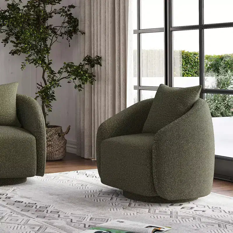 Poltrona girevole a barilotto, rotazione a 360°, struttura in legno massello, rivestimento in tessuto Teddy, cuscino dello schienale rimovibile – Disponibile in più colori
