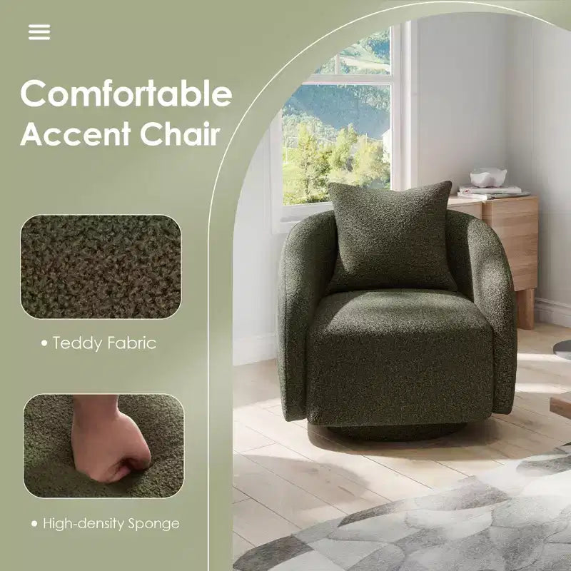 Poltrona girevole a barilotto, rotazione a 360°, struttura in legno massello, rivestimento in tessuto Teddy, cuscino dello schienale rimovibile – Disponibile in più colori