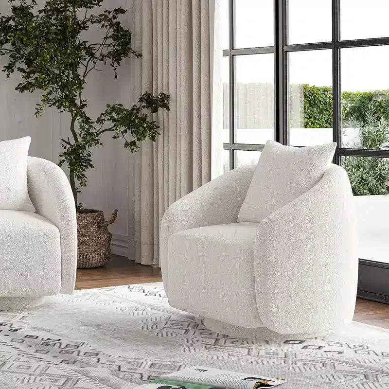 Poltrona girevole a barilotto, rotazione a 360°, struttura in legno massello, rivestimento in tessuto Teddy, cuscino dello schienale rimovibile – Disponibile in più colori