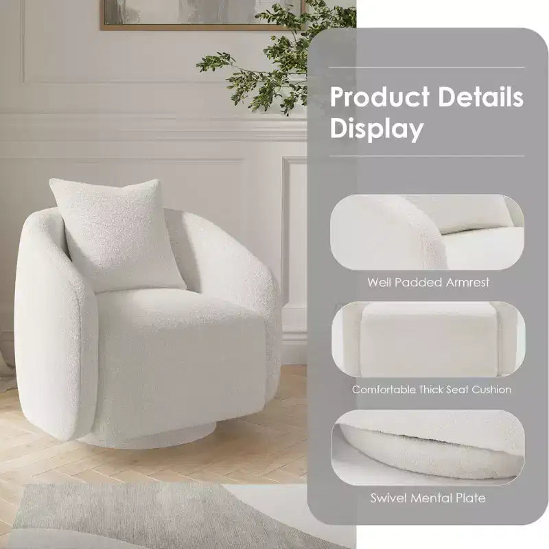 Poltrona girevole a barilotto, rotazione a 360°, struttura in legno massello, rivestimento in tessuto Teddy, cuscino dello schienale rimovibile – Disponibile in più colori