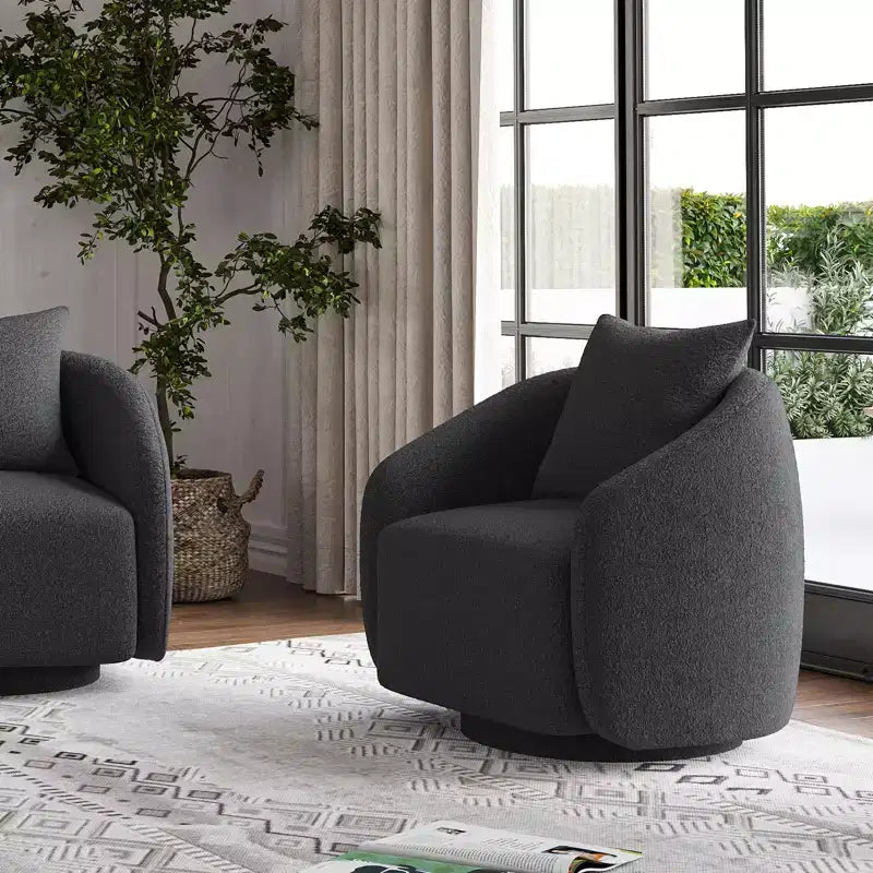 Poltrona girevole a barilotto, rotazione a 360°, struttura in legno massello, rivestimento in tessuto Teddy, cuscino dello schienale rimovibile – Disponibile in più colori