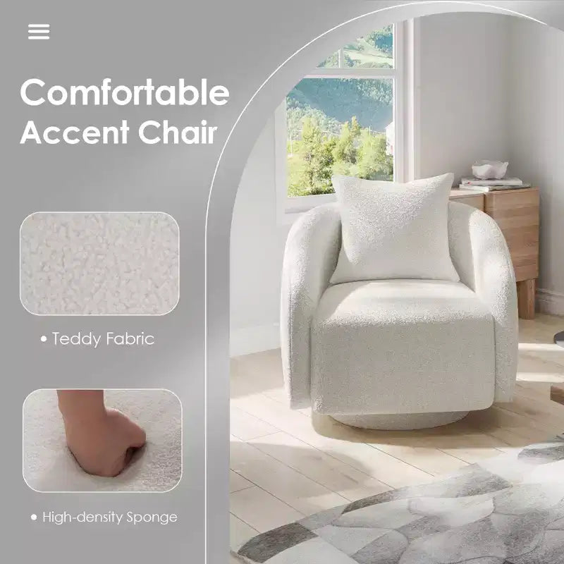 Poltrona girevole a barilotto, rotazione a 360°, struttura in legno massello, rivestimento in tessuto Teddy, cuscino dello schienale rimovibile – Disponibile in più colori