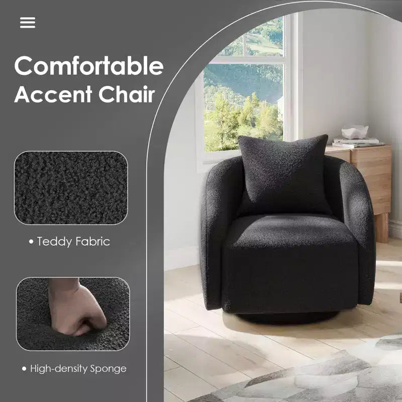 Poltrona girevole a barilotto, rotazione a 360°, struttura in legno massello, rivestimento in tessuto Teddy, cuscino dello schienale rimovibile – Disponibile in più colori