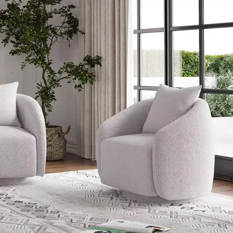 Poltrona girevole a barilotto, rotazione a 360°, struttura in legno massello, rivestimento in tessuto Teddy, cuscino dello schienale rimovibile – Disponibile in più colori