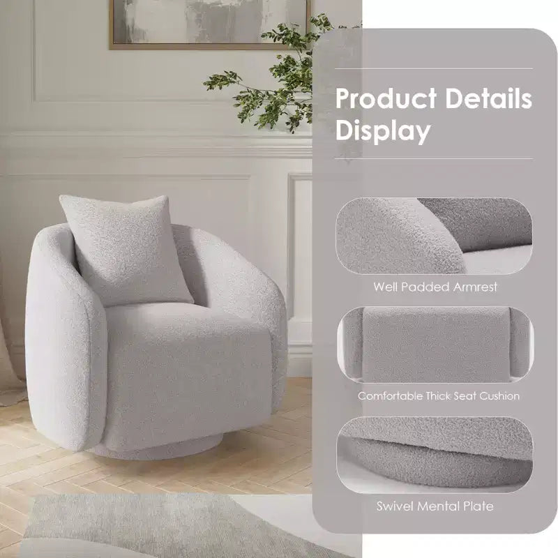 Poltrona girevole a barilotto, rotazione a 360°, struttura in legno massello, rivestimento in tessuto Teddy, cuscino dello schienale rimovibile – Disponibile in più colori