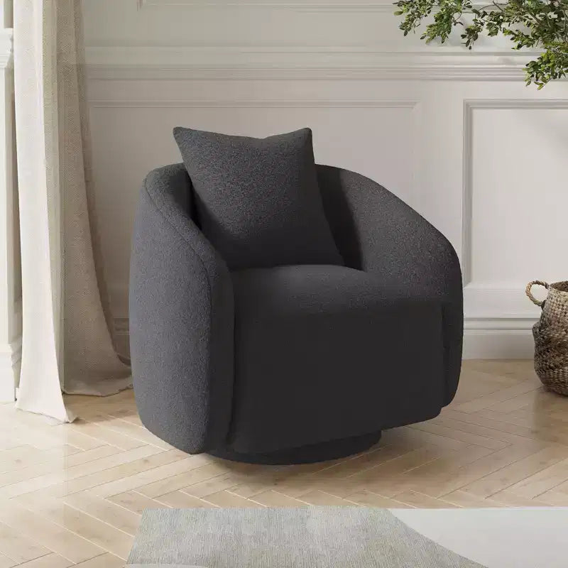 Poltrona girevole a barilotto, rotazione a 360°, struttura in legno massello, rivestimento in tessuto Teddy, cuscino dello schienale rimovibile – Disponibile in più colori