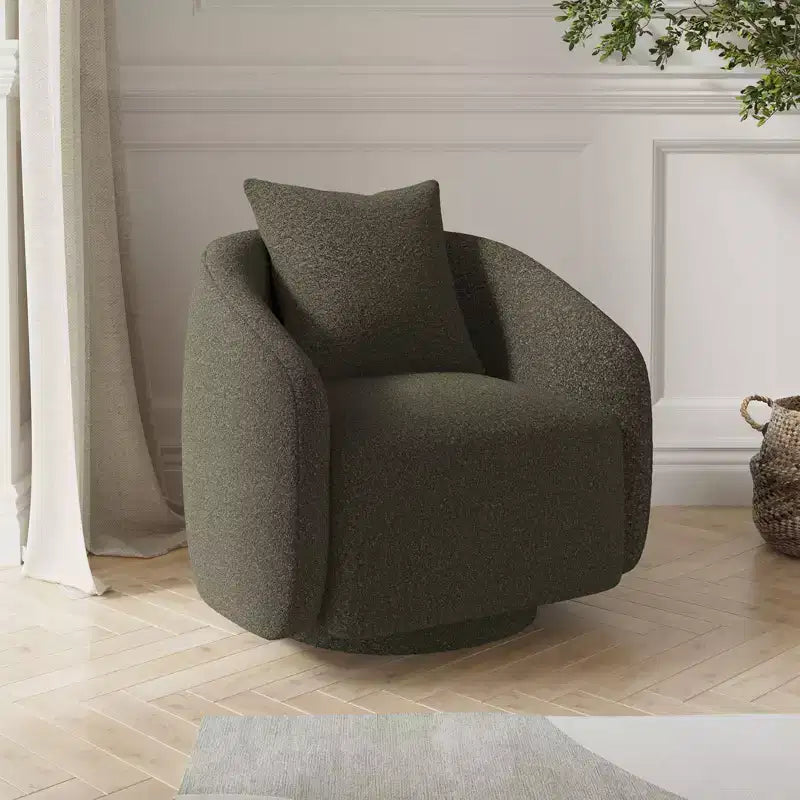 Poltrona girevole a barilotto, rotazione a 360°, struttura in legno massello, rivestimento in tessuto Teddy, cuscino dello schienale rimovibile – Disponibile in più colori