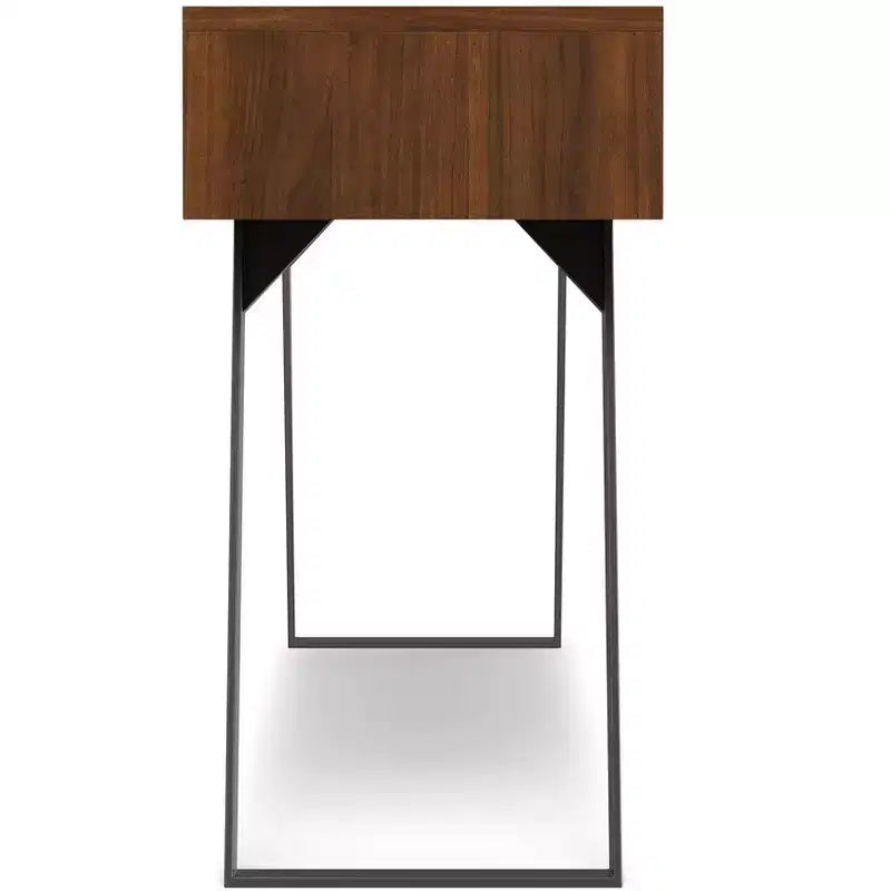 Tavolo consolle da divano, finitura noce, struttura in metallo con piano in legno massello impiallacciato rovere