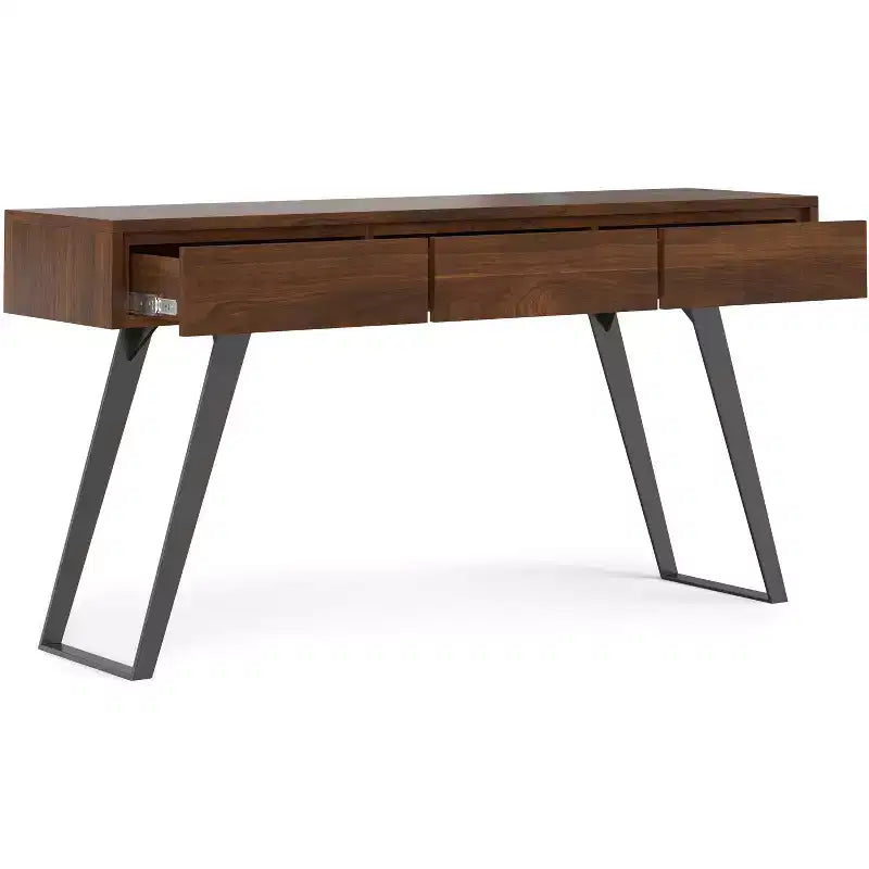 Tavolo consolle da divano, finitura noce, struttura in metallo con piano in legno massello impiallacciato rovere