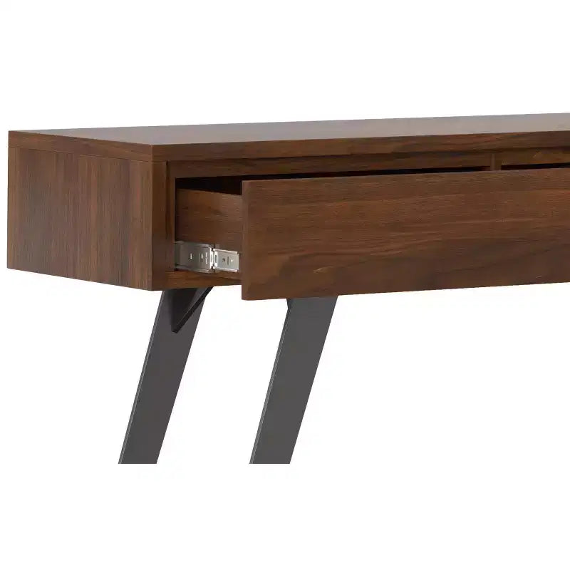 Tavolo consolle da divano, finitura noce, struttura in metallo con piano in legno massello impiallacciato rovere