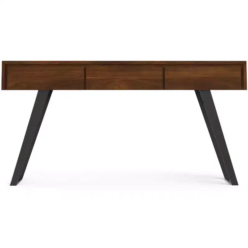 Tavolo consolle da divano, finitura noce, struttura in metallo con piano in legno massello impiallacciato rovere