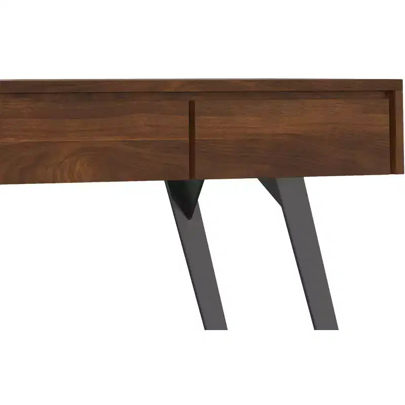 Tavolo consolle da divano, finitura noce, struttura in metallo con piano in legno massello impiallacciato rovere