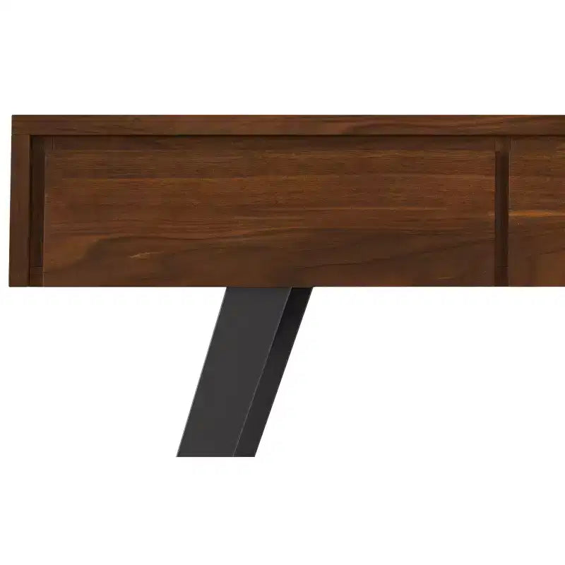 Tavolo consolle da divano, finitura noce, struttura in metallo con piano in legno massello impiallacciato rovere