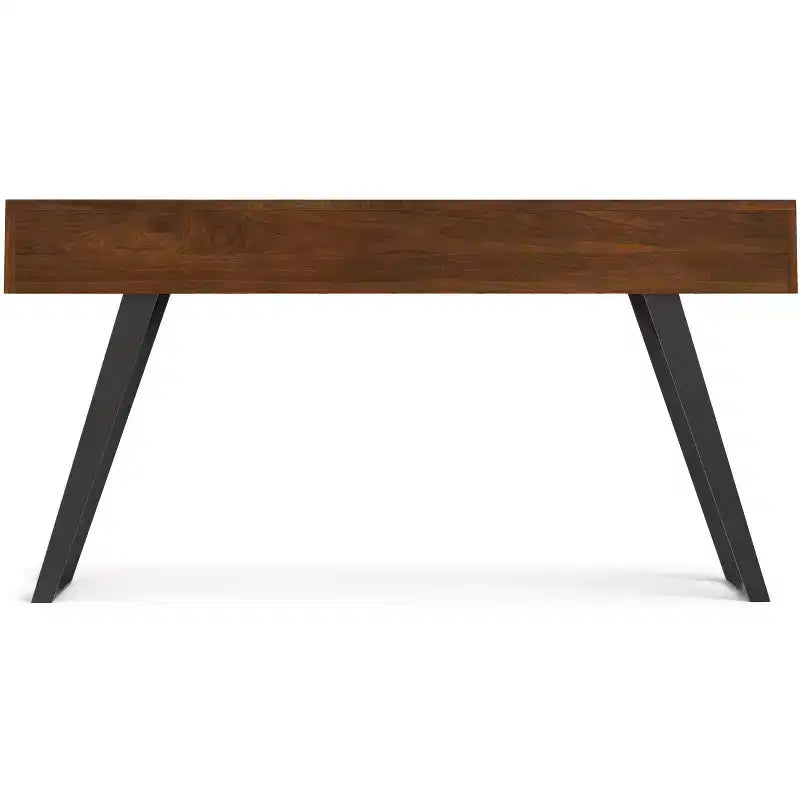 Tavolo consolle da divano, finitura noce, struttura in metallo con piano in legno massello impiallacciato rovere