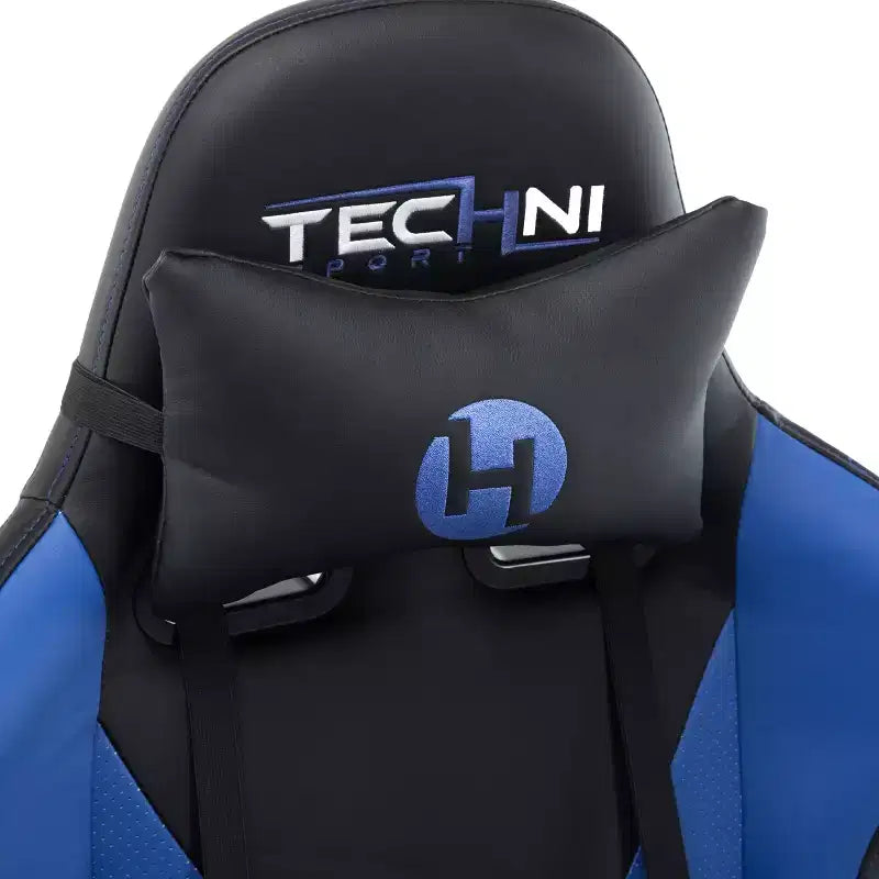Sedia da gaming, blu, capacità 113 kg, reclinazione 90–150°, girevole a 360°, poggiatesta e cuscino lombare rimovibili