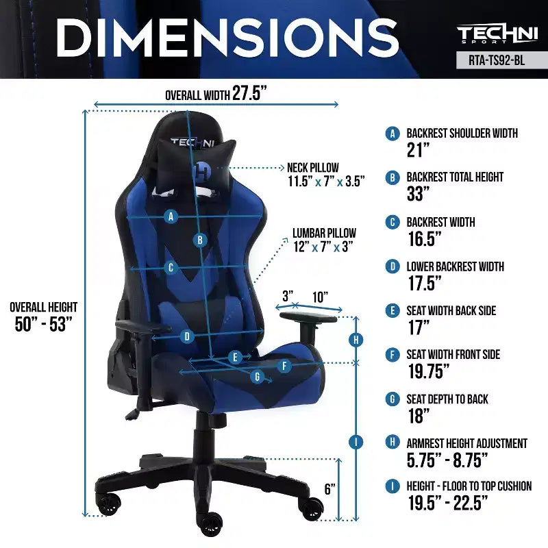 Sedia da gaming, blu, capacità 113 kg, reclinazione 90–150°, girevole a 360°, poggiatesta e cuscino lombare rimovibili
