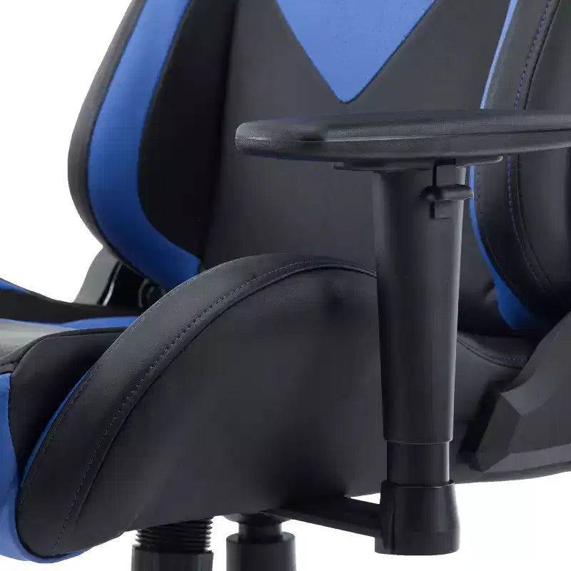 Sedia da gaming, blu, capacità 113 kg, reclinazione 90–150°, girevole a 360°, poggiatesta e cuscino lombare rimovibili
