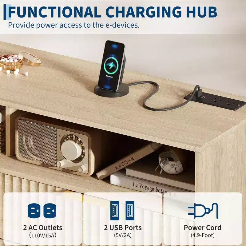 Comò a 6 cassetti con illuminazione a LED, prese di corrente integrate e porte USB, design in legno scanalato – 97.8 cm A x 119.9 cm L x 39.4 cm P, Quercia, MDF