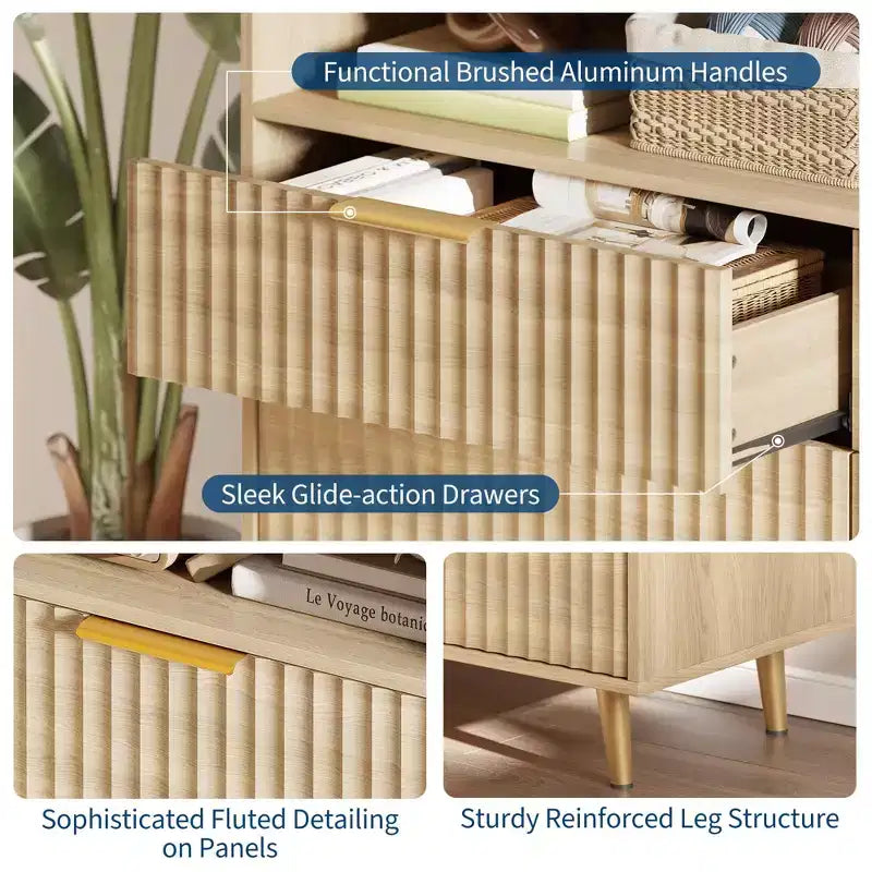 Comò a 6 cassetti con illuminazione a LED, prese di corrente integrate e porte USB, design in legno scanalato – 97.8 cm A x 119.9 cm L x 39.4 cm P, Quercia, MDF