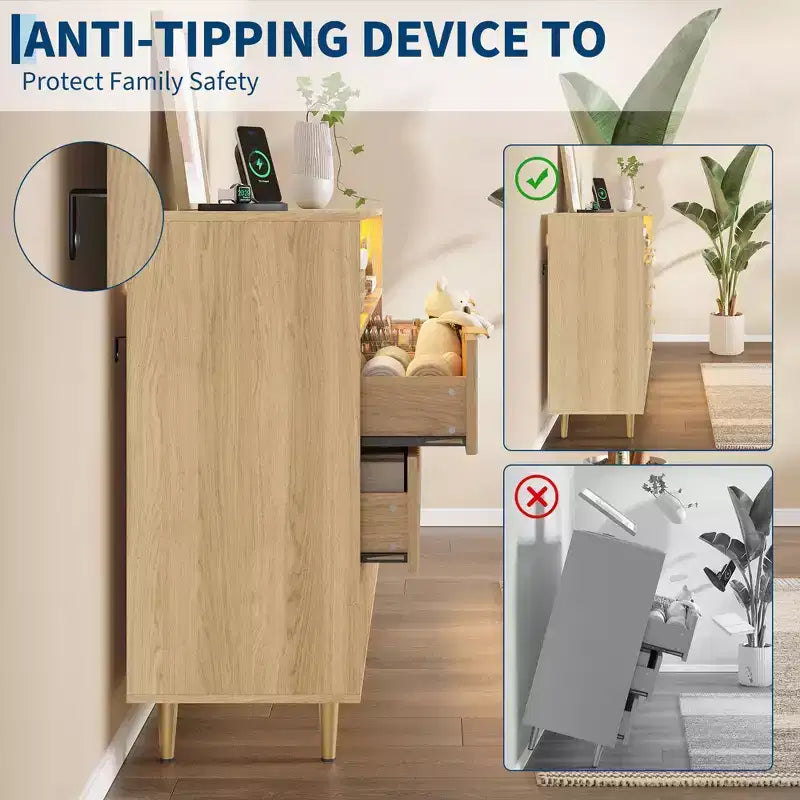 Comò a 6 cassetti con illuminazione a LED, prese di corrente integrate e porte USB, design in legno scanalato – 97.8 cm A x 119.9 cm L x 39.4 cm P, Quercia, MDF