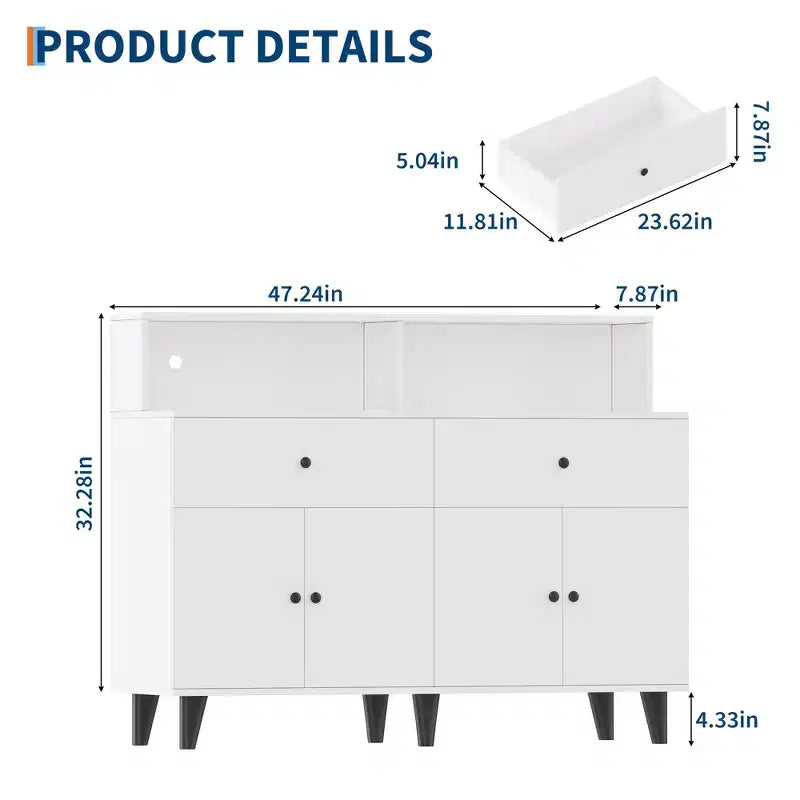 Mobiletto da caffè da 47,2 pollici con prese di corrente, 2 cassetti, 4 ante e ripiani – Credenza a buffet