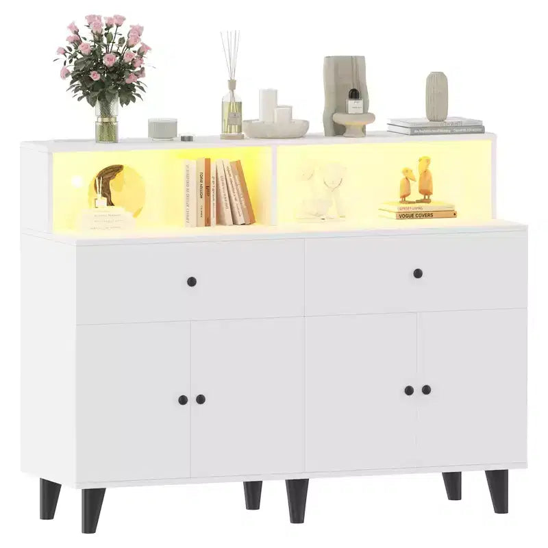 Mobiletto da caffè da 47,2 pollici con prese di corrente, 2 cassetti, 4 ante e ripiani – Credenza a buffet