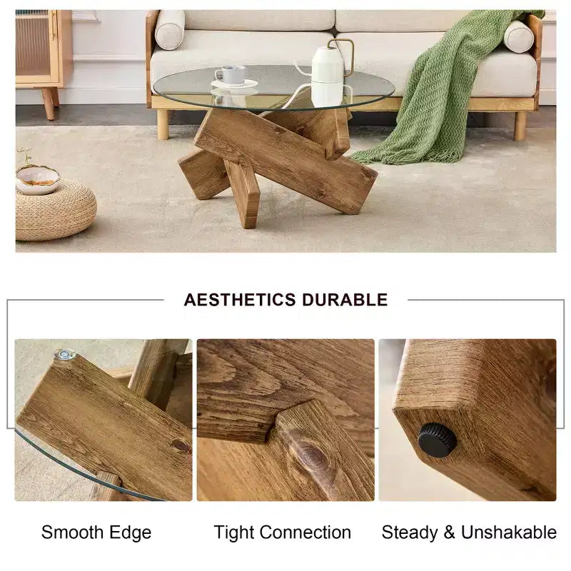 Tavolino rotondo in vetro con piano in vetro temperato e base a piedistallo – 45,7 cm (H) x 84,8 cm (diametro), struttura in MDF, marrone