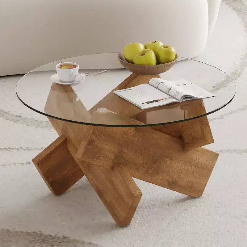 Tavolino rotondo in vetro con piano in vetro temperato e base a piedistallo – 45,7 cm (H) x 84,8 cm (diametro), struttura in MDF, marrone