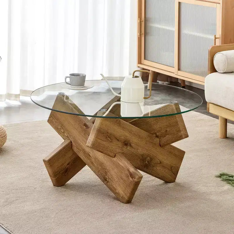 Tavolino rotondo in vetro con piano in vetro temperato e base a piedistallo – 45,7 cm (H) x 84,8 cm (diametro), struttura in MDF, marrone