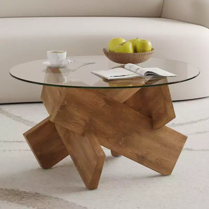Tavolino rotondo in vetro con piano in vetro temperato e base a piedistallo – 45,7 cm (H) x 84,8 cm (diametro), struttura in MDF, marrone