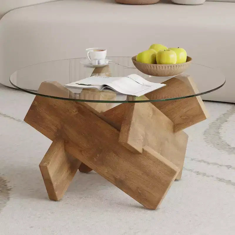 Tavolino rotondo in vetro con piano in vetro temperato e base a piedistallo – 45,7 cm (H) x 84,8 cm (diametro), struttura in MDF, marrone