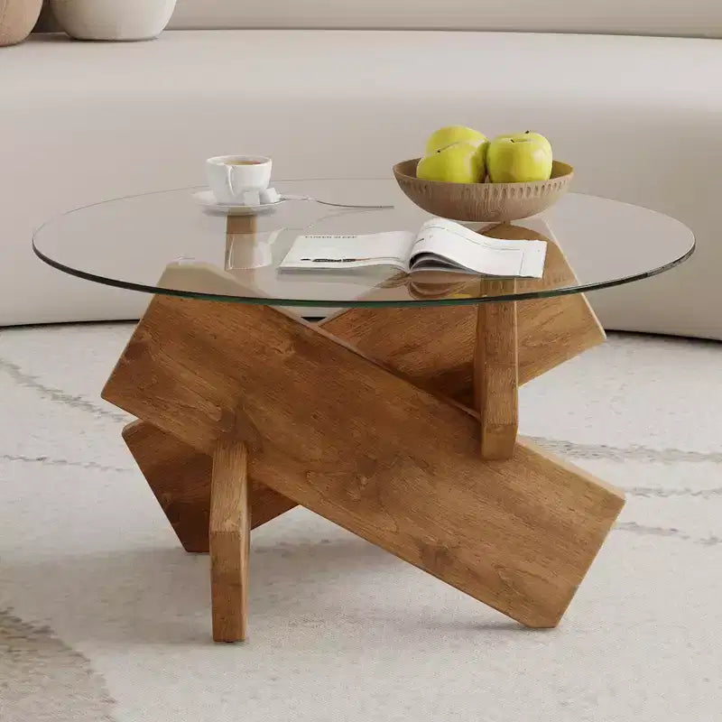 Tavolino rotondo in vetro con piano in vetro temperato e base a piedistallo – 45,7 cm (H) x 84,8 cm (diametro), struttura in MDF, marrone