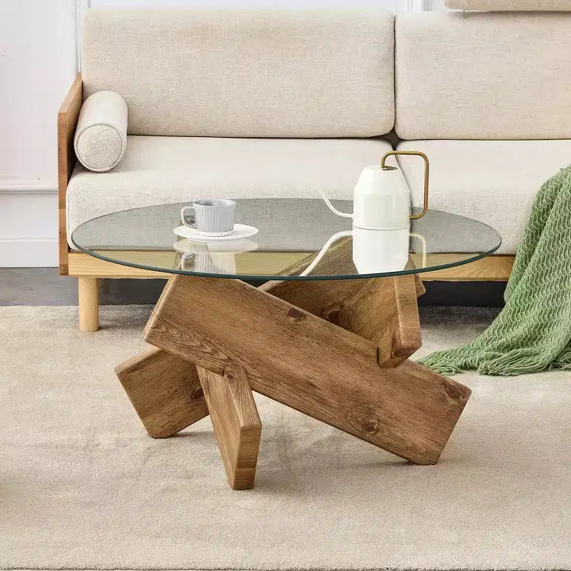 Tavolino rotondo in vetro con piano in vetro temperato e base a piedistallo – 45,7 cm (H) x 84,8 cm (diametro), struttura in MDF, marrone