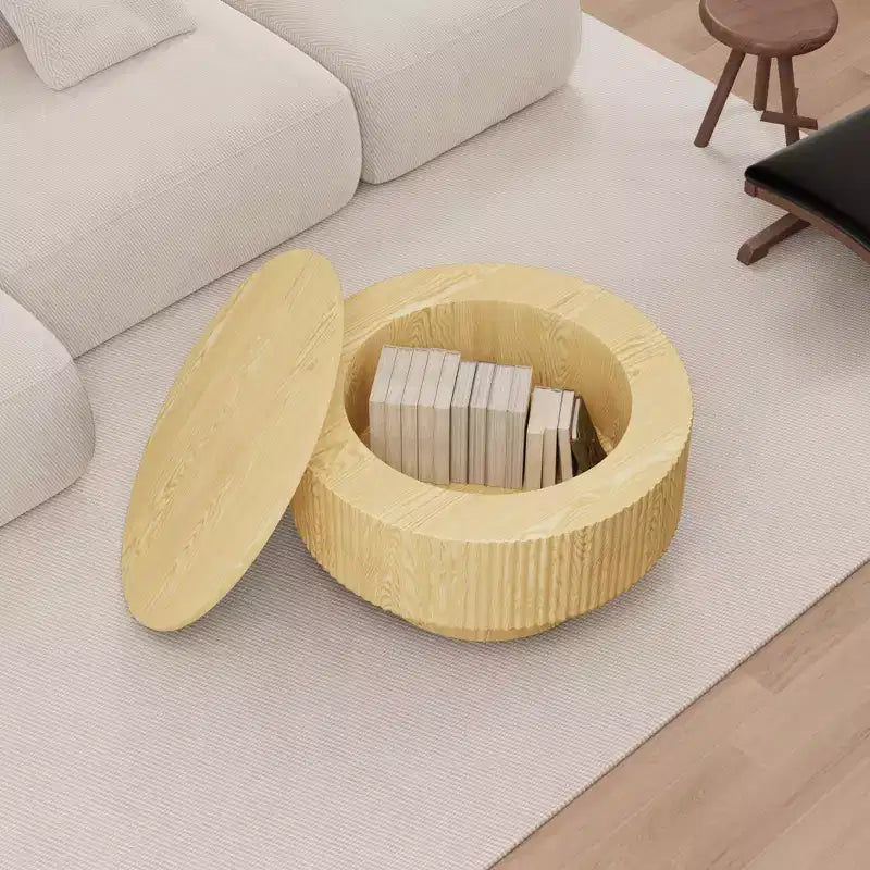Tavolino rotondo in MDF con motivo a strisce circolari e vano portaoggetti – 41,1 cm H x 75 cm diametro, marrone